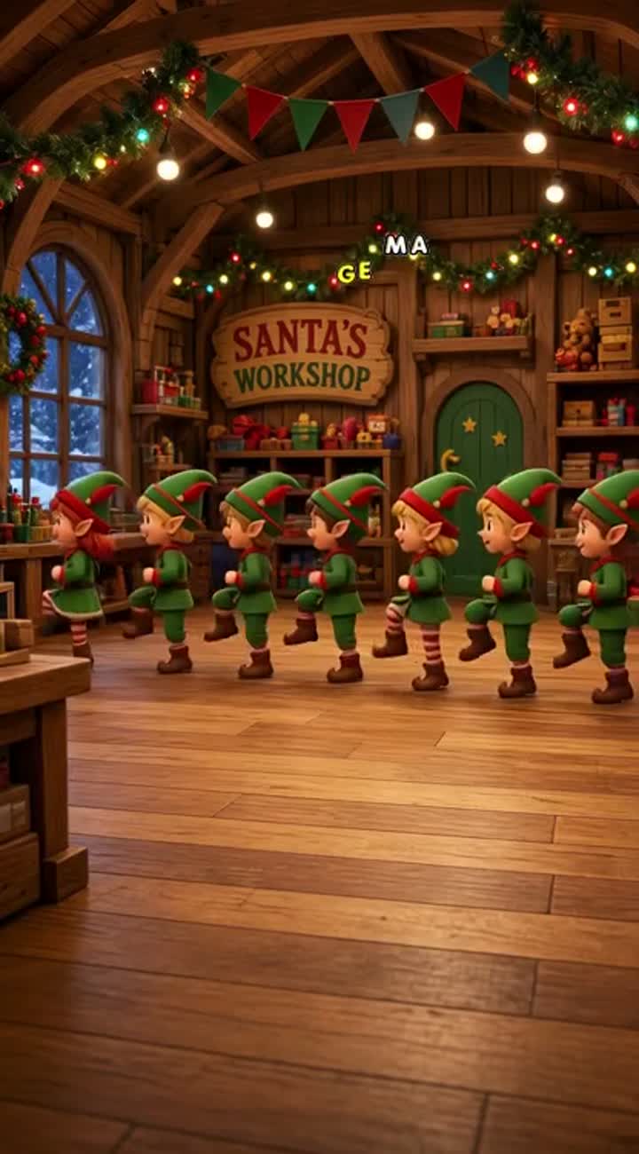 Cartoon elves are doing a country line dance in Santa's Workshop — AI cartoon