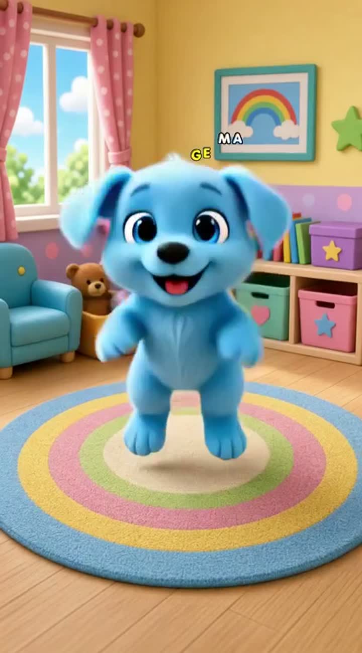 A cute fluffy blue puppy named Bobby dancing happily in a colorful… — AI cartoon