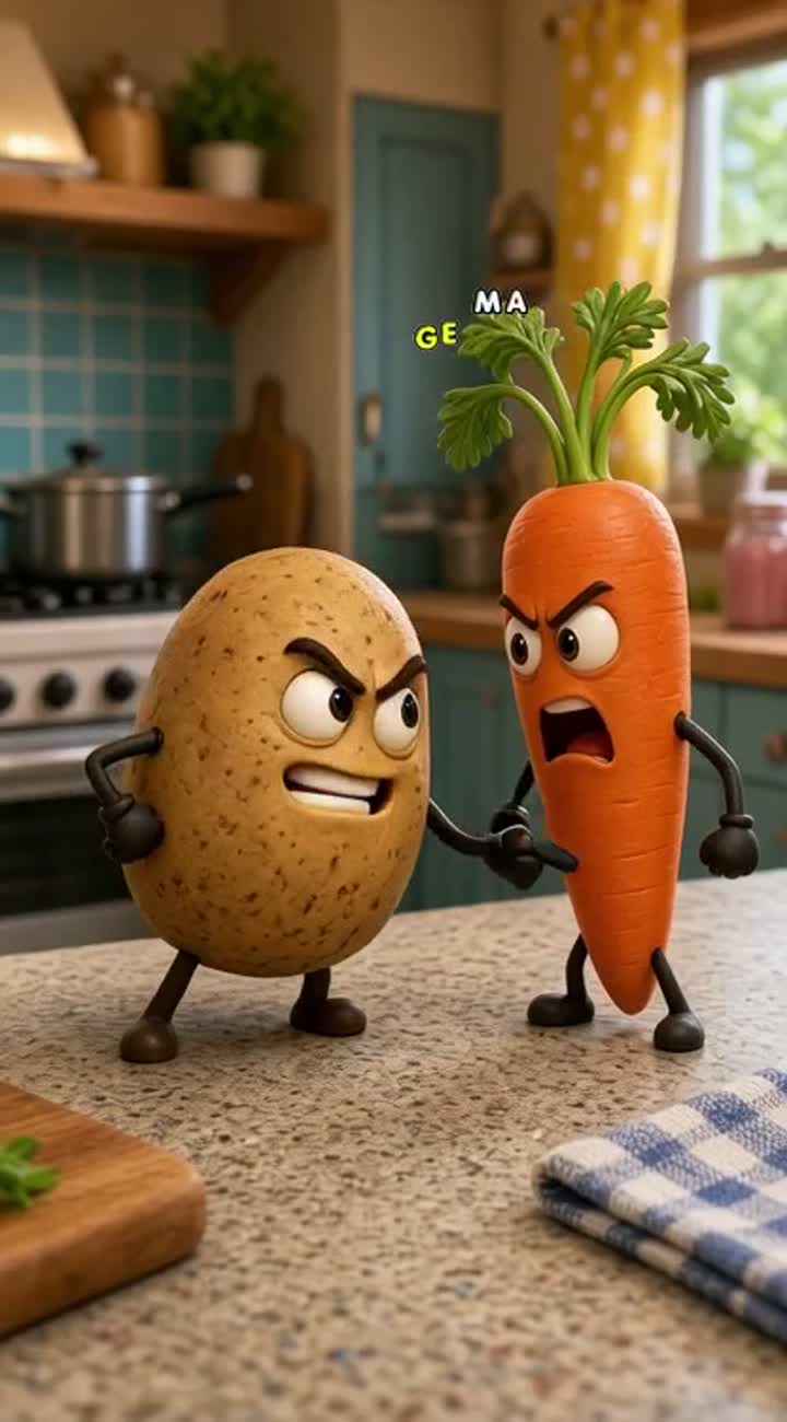 Funny 3D cartoon video of a potato and a carrot arguing over… — AI cartoon