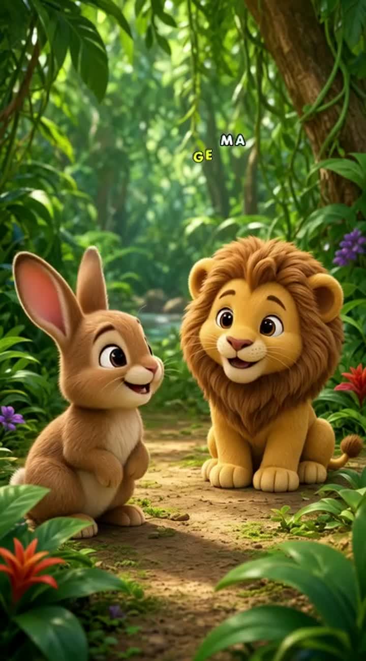 A little brown rabbit meets a friendly baby lion in a colourful… — AI cartoon