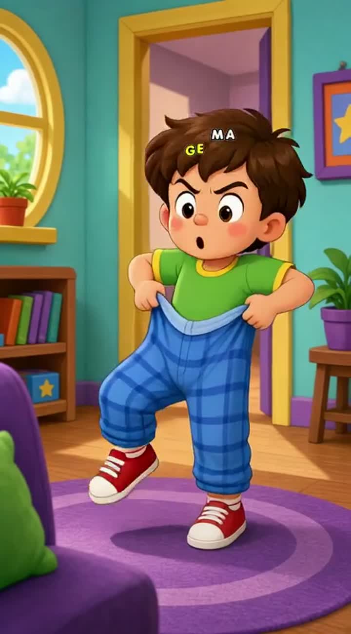 A small child repeatedly pulls his trousers up as they keep… — AI cartoon