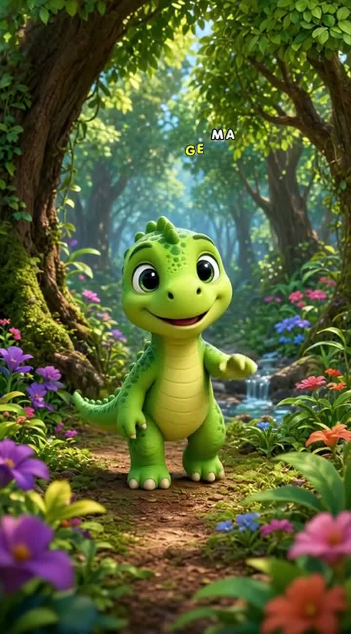 A cute little green baby dinosaur wakes up in a beautiful colorful… — AI cartoon