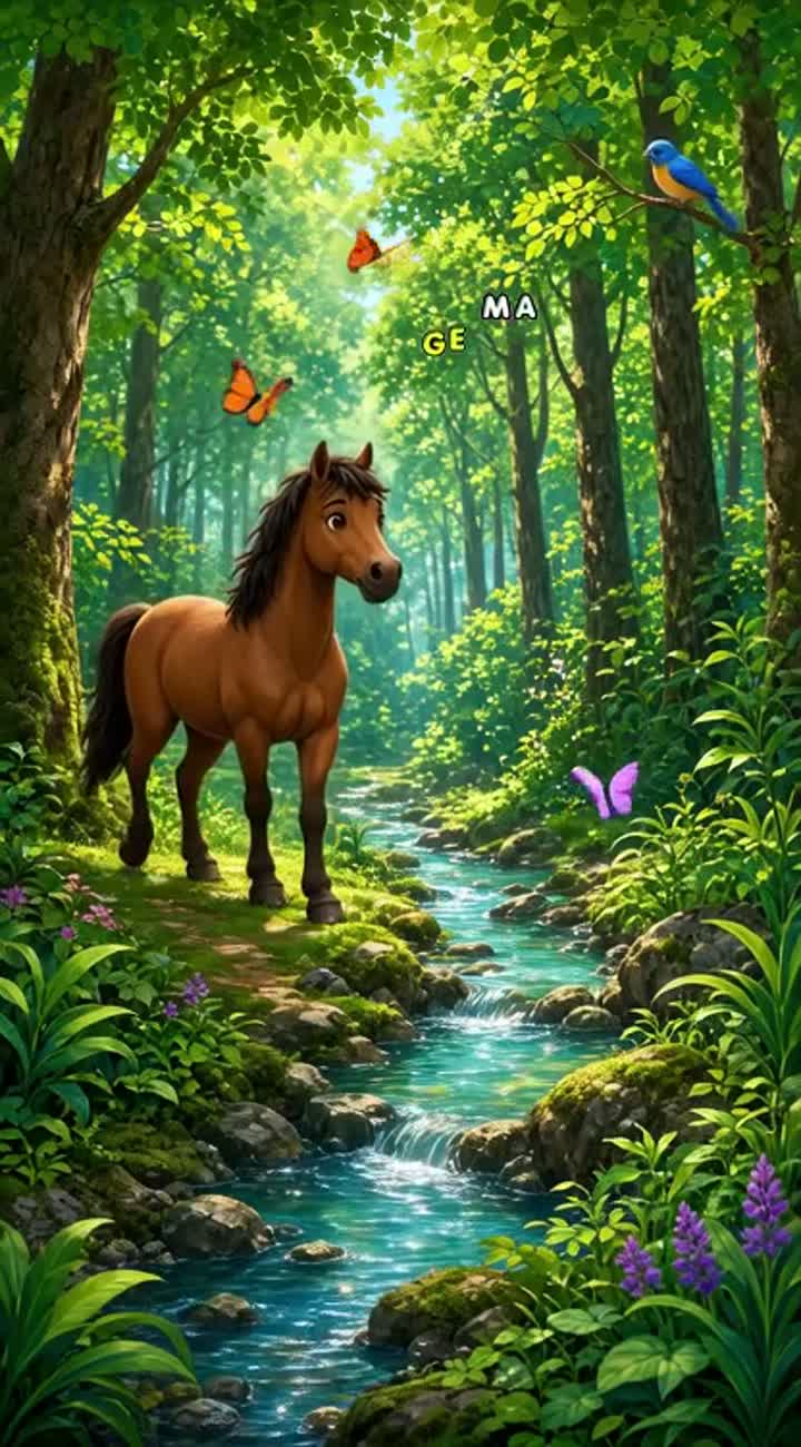 Colorful cartoon about a beautiful brown horse walking through… — AI cartoon