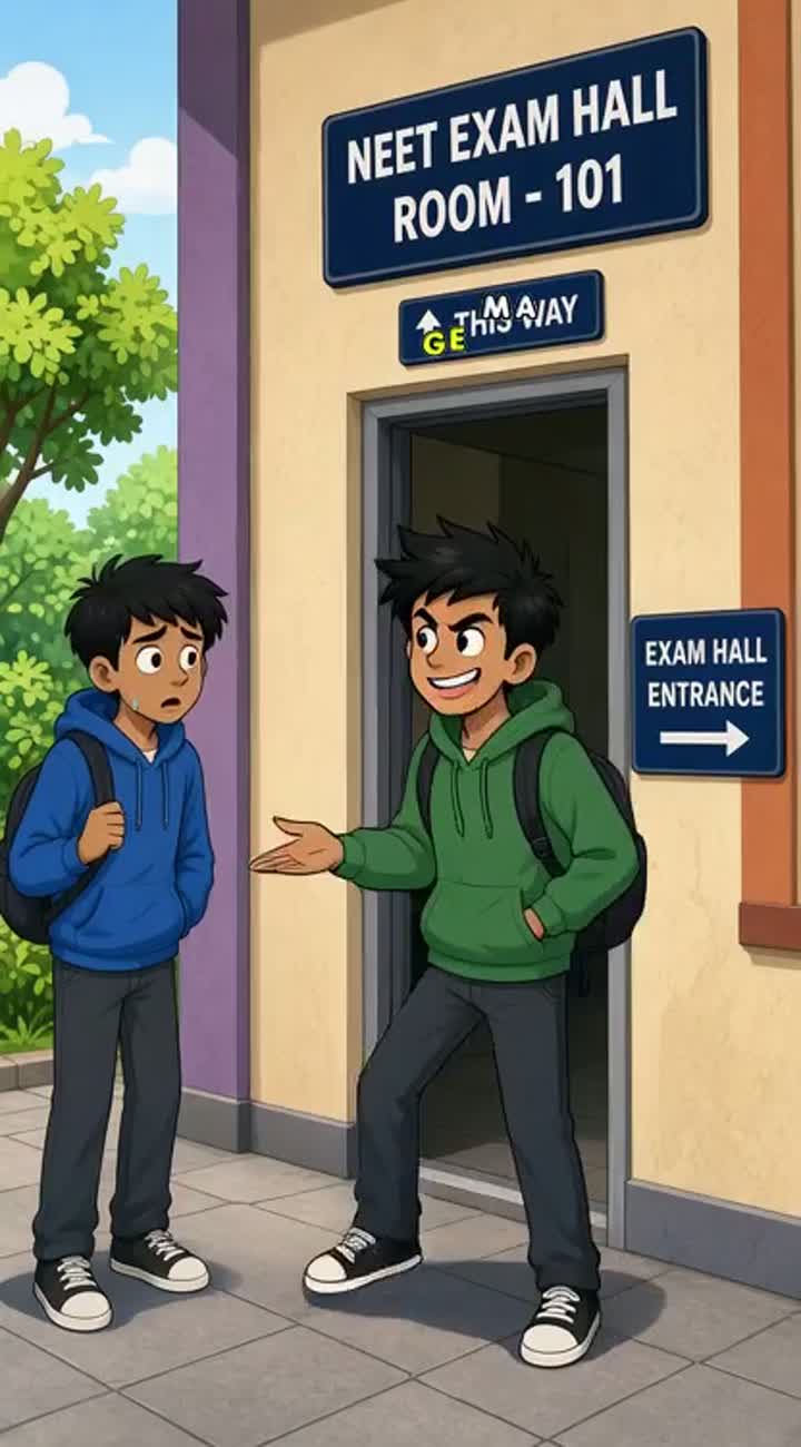 Two funny original Indian student cartoon characters outside… — AI cartoon