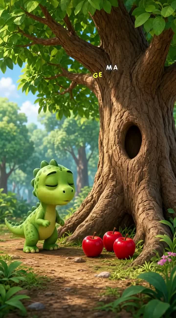 The baby dinosaur discovers three shiny red apples lying beneath… — AI cartoon
