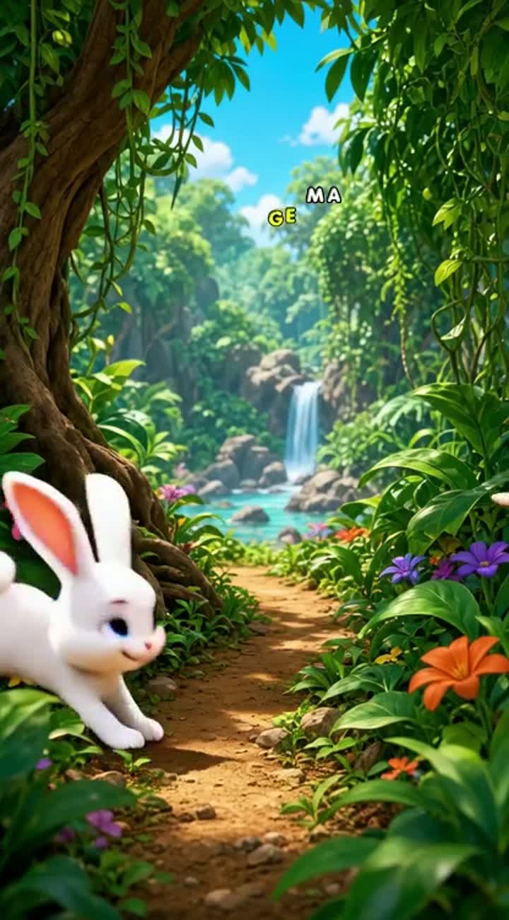A cute little rabbit meets a friendly baby elephant in a colorful… — AI cartoon