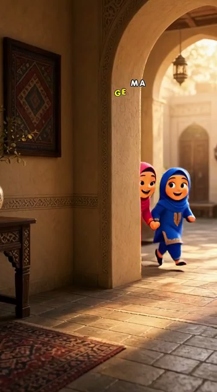 Two adorable little Arab sisters playing together… — AI cartoon