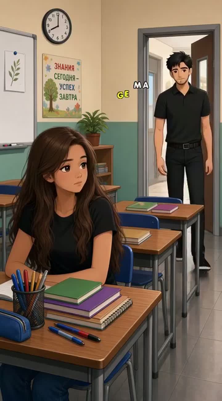 Begin inside a school classroom, where a girl with long brown hair… — AI cartoon