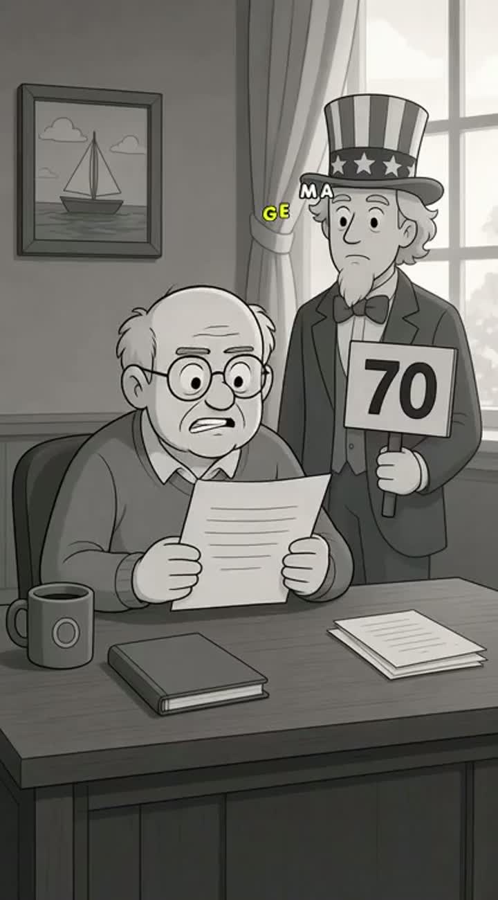 2D simple-line cartoon, round-faced old man with glasses at a desk… — AI cartoon