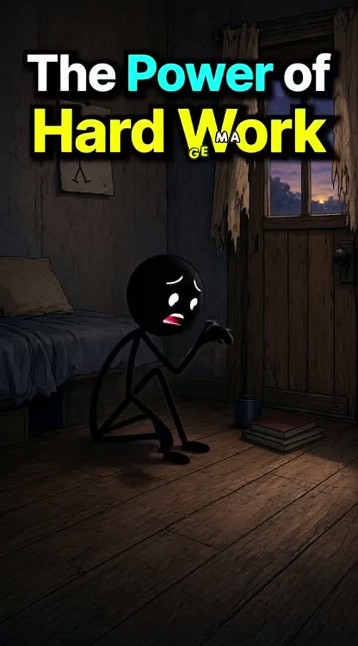 Stickman cartoon animation titled "The Power of Hard Work." A poor… — AI cartoon