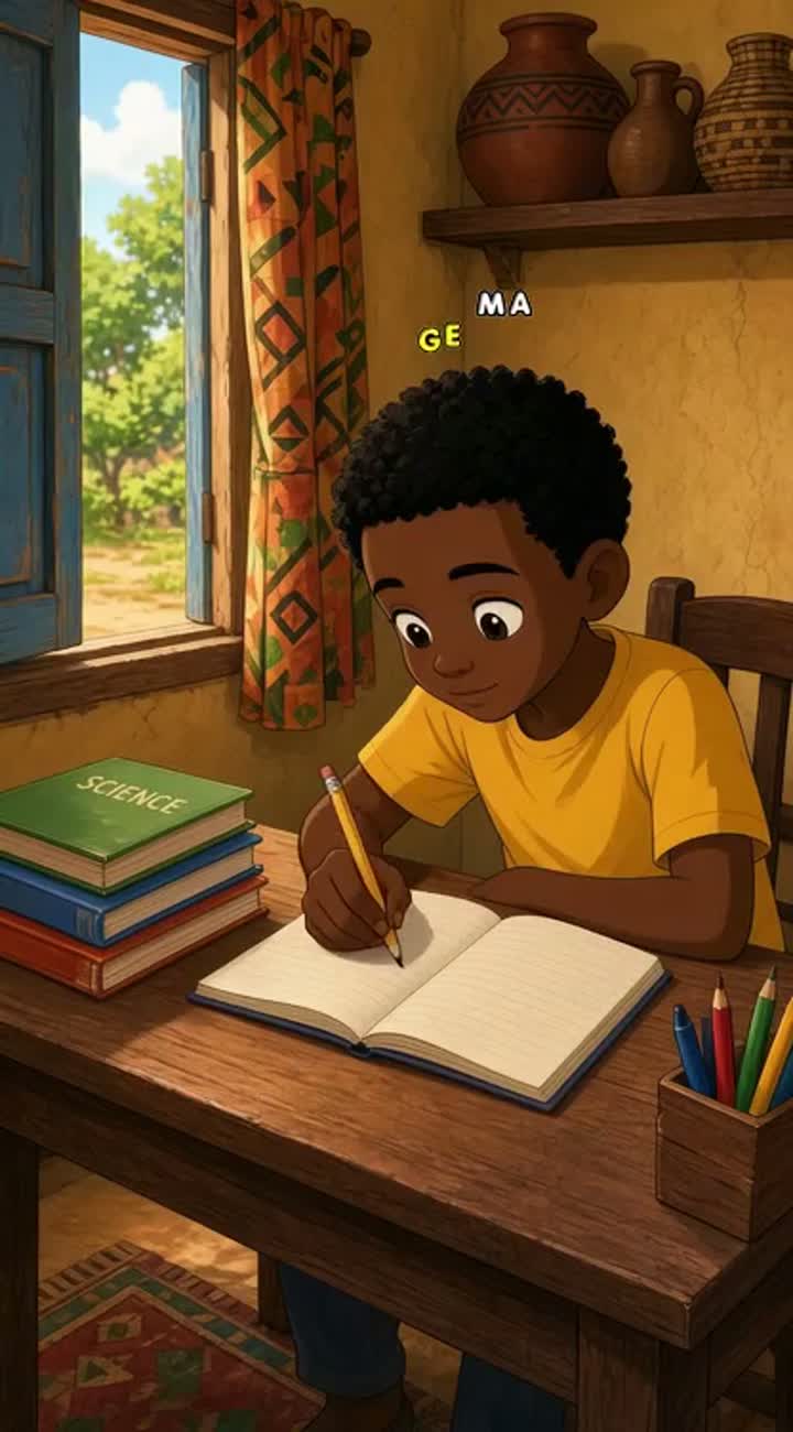 A young African boy studies hard and helps his family — AI cartoon