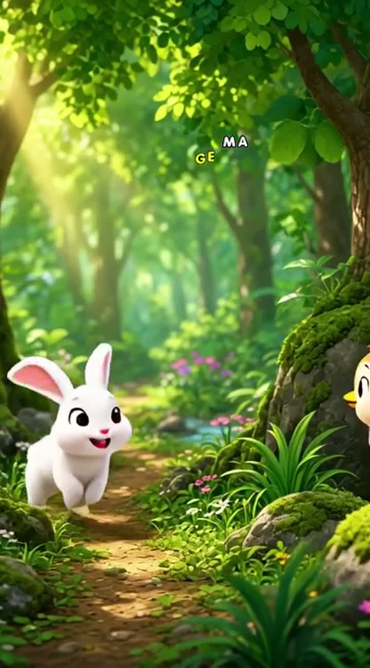 A cute little white rabbit lives in a beautiful green forest — AI cartoon