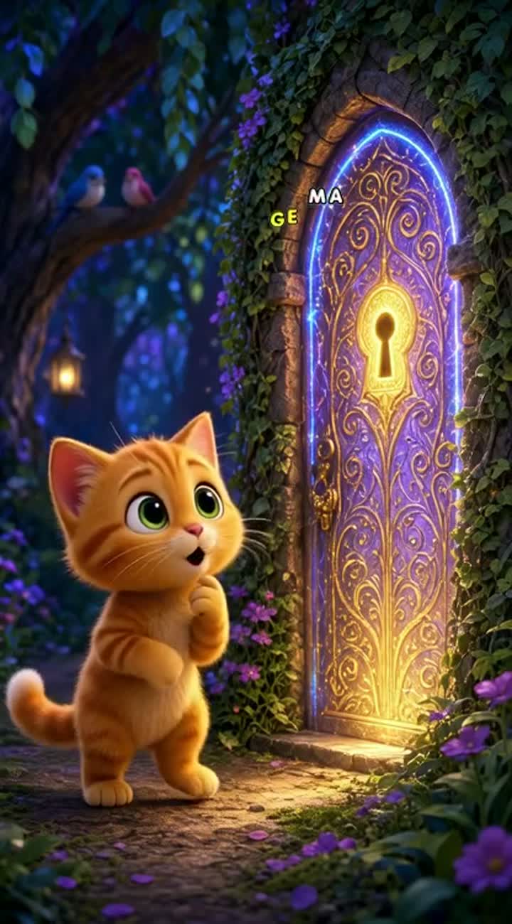 A little orange cat discovers a mysterious glowing door… — AI cartoon