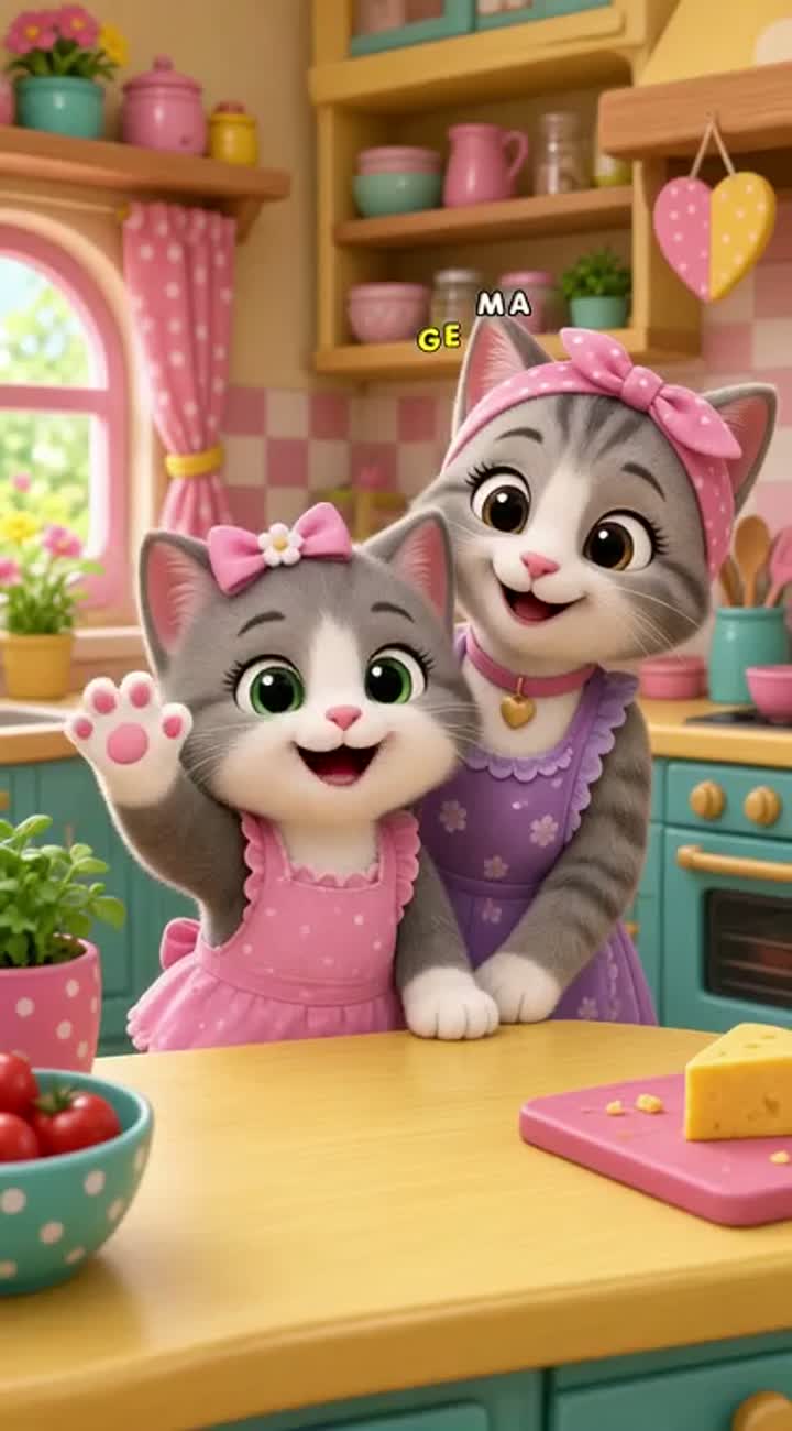 A cute baby kitten and her mommy are in a beautiful, colorful kitchen — AI cartoon