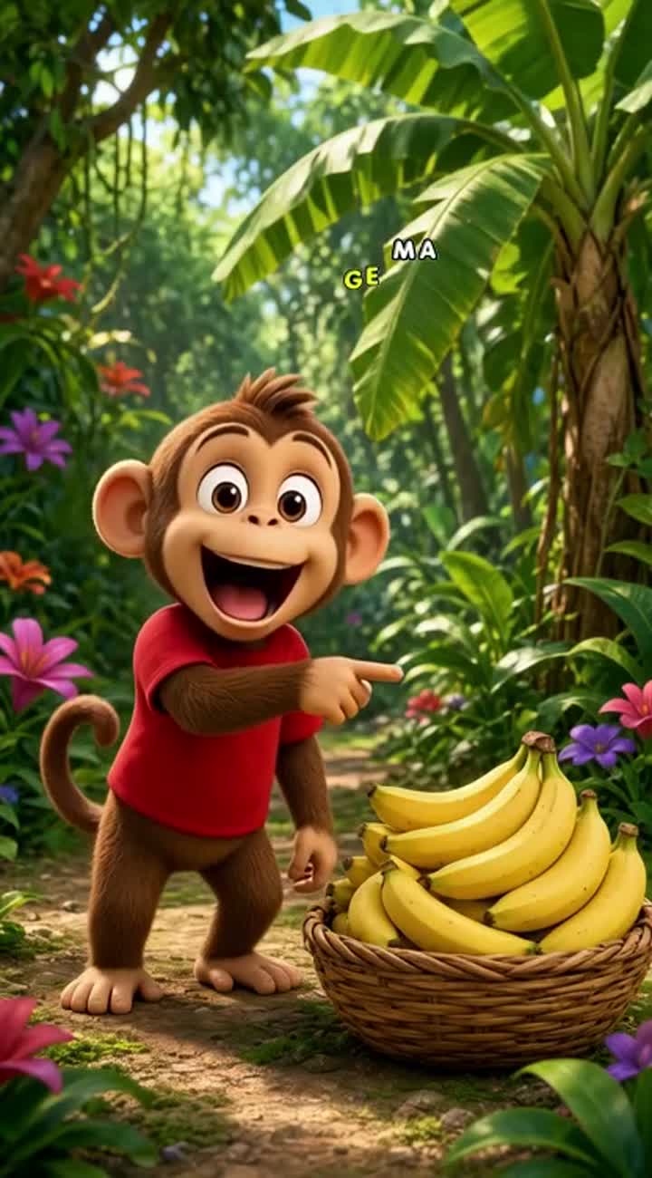 He is standing in a beautiful green jungle with banana trees… — AI cartoon