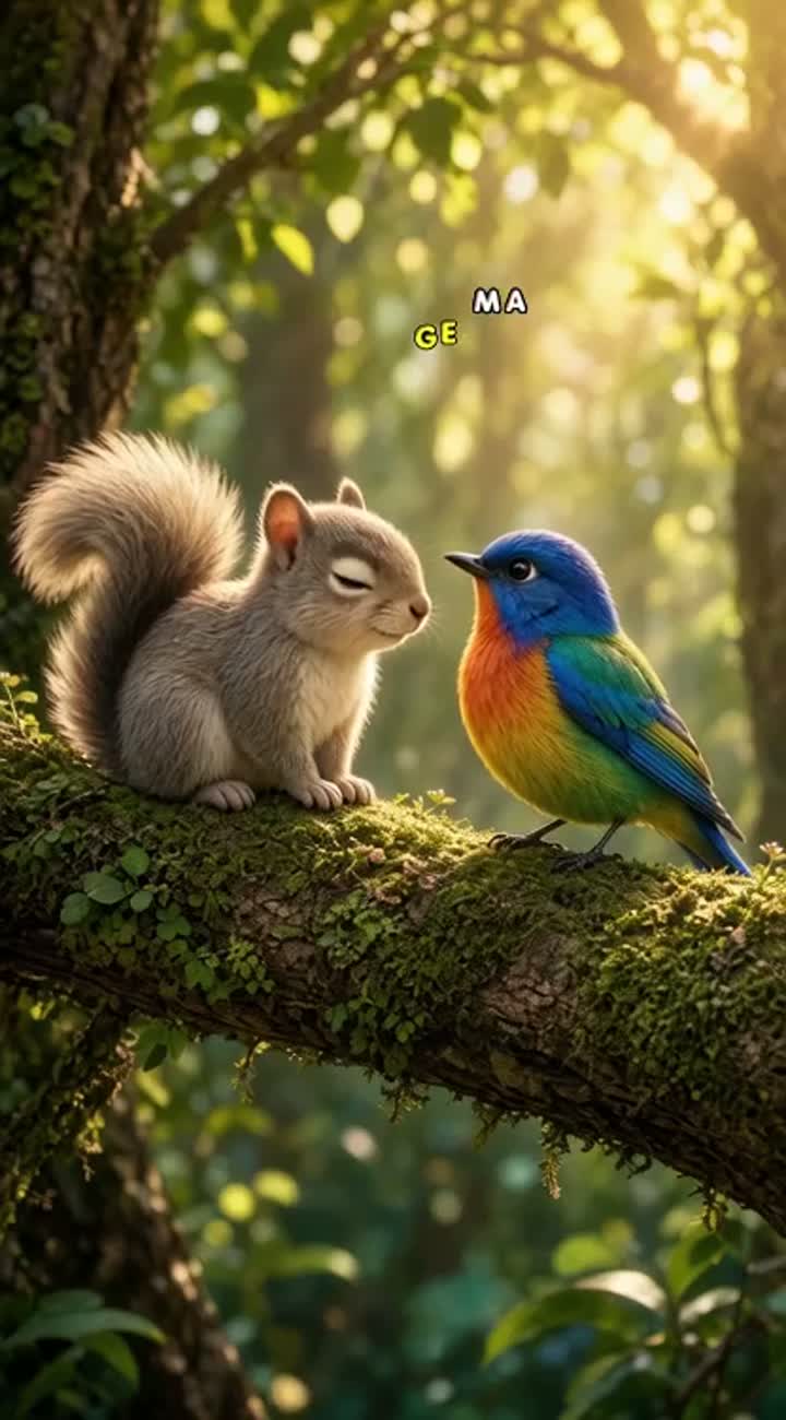 A cute and fluffy squirrel sitting closely on a mossy… — AI cartoon