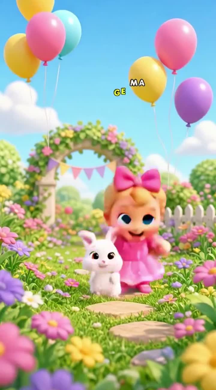 Two adorable cartoon babies and a cute little bunny dance happily… — AI cartoon