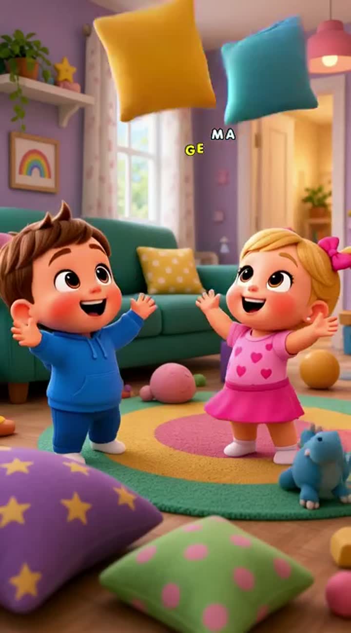 Scene 1 (0-3s): The kids throw colorful pillows and toys around… — AI cartoon