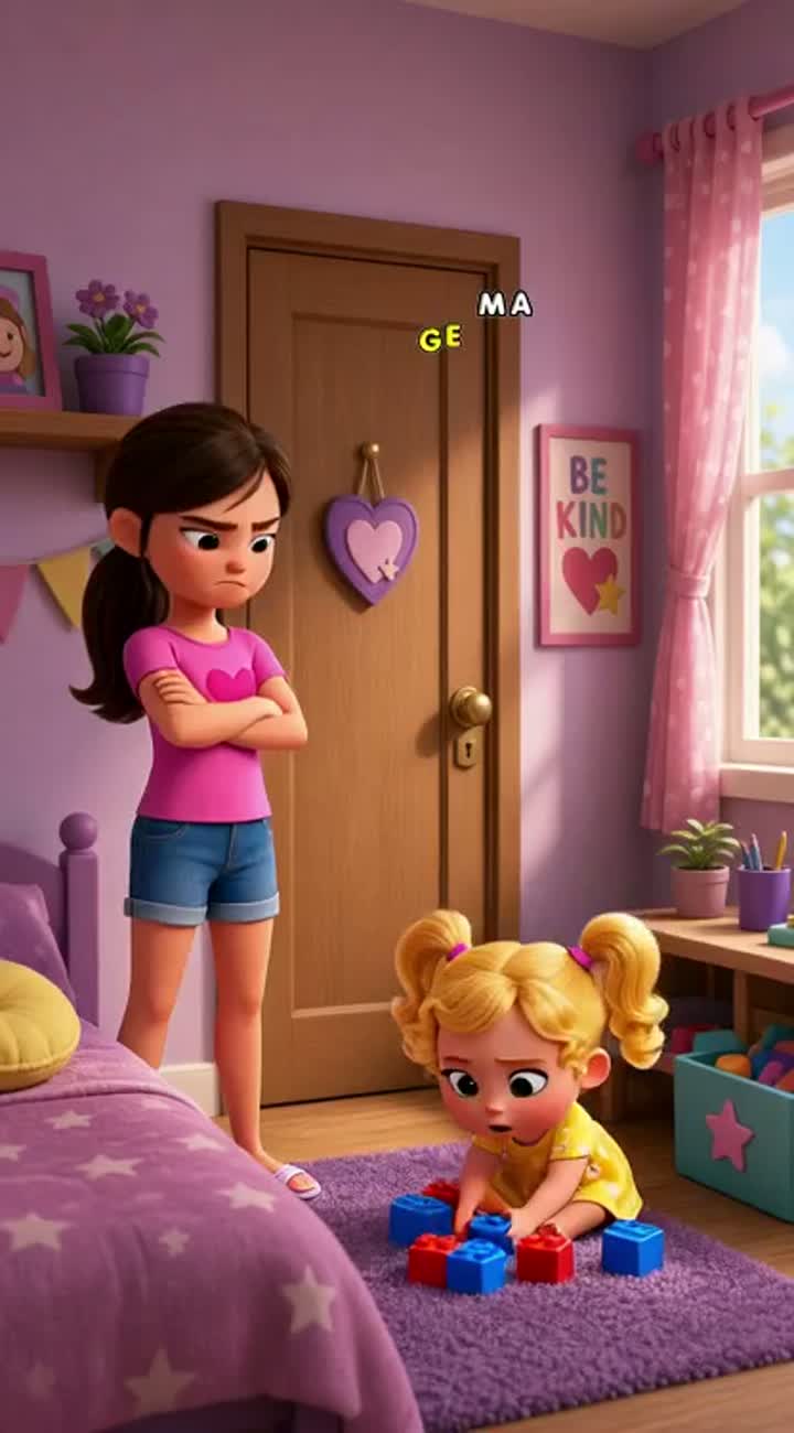 Vertical 3D cartoon story in English about a girl who gets angry… — AI cartoon