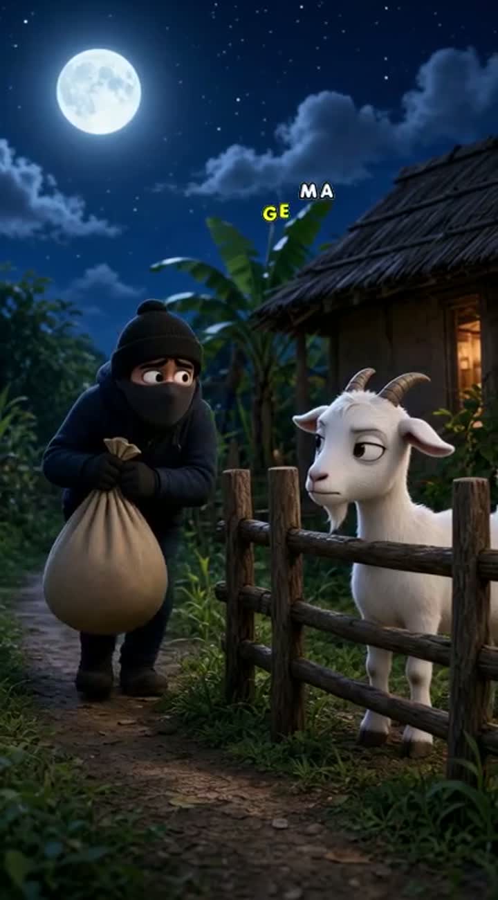 Funny 3D animated cartoon of a silly thief sneaking into a rural… — AI cartoon