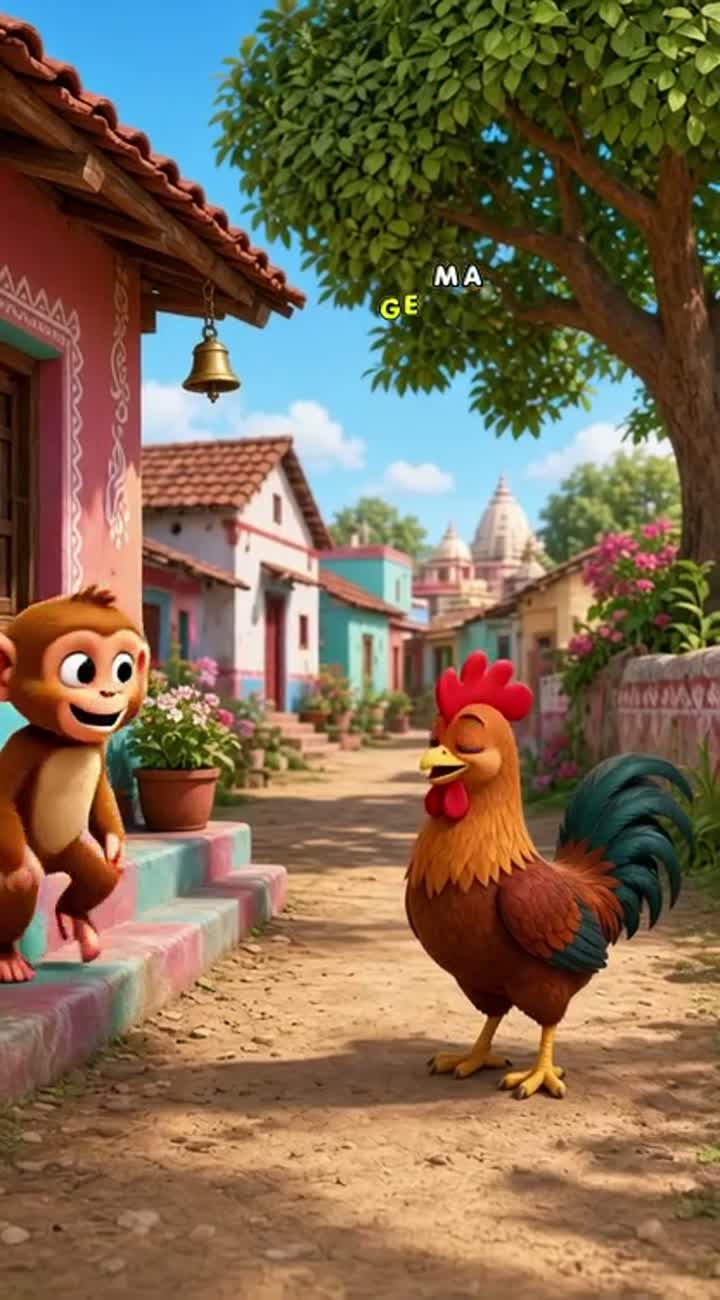 A cute 3D cartoon monkey and a rooster meet in an Indian village — AI cartoon