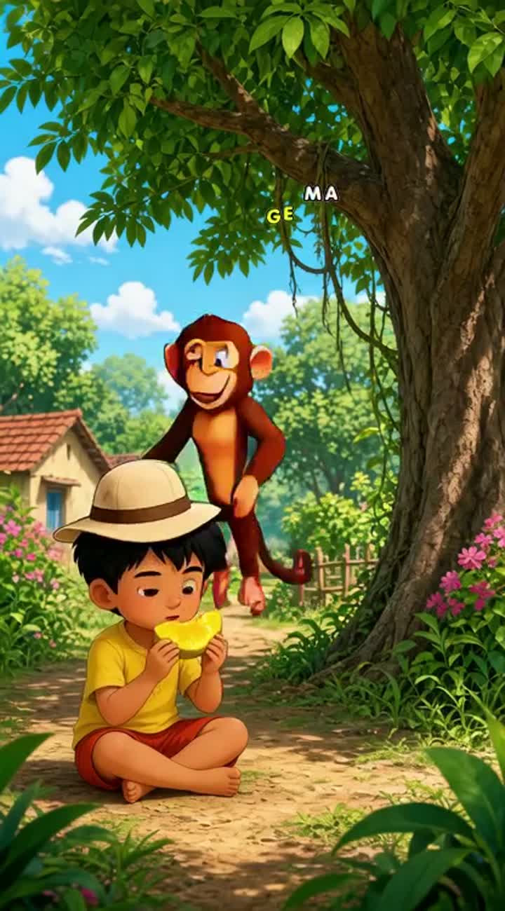 A little boy named Golu eating a mango — AI cartoon