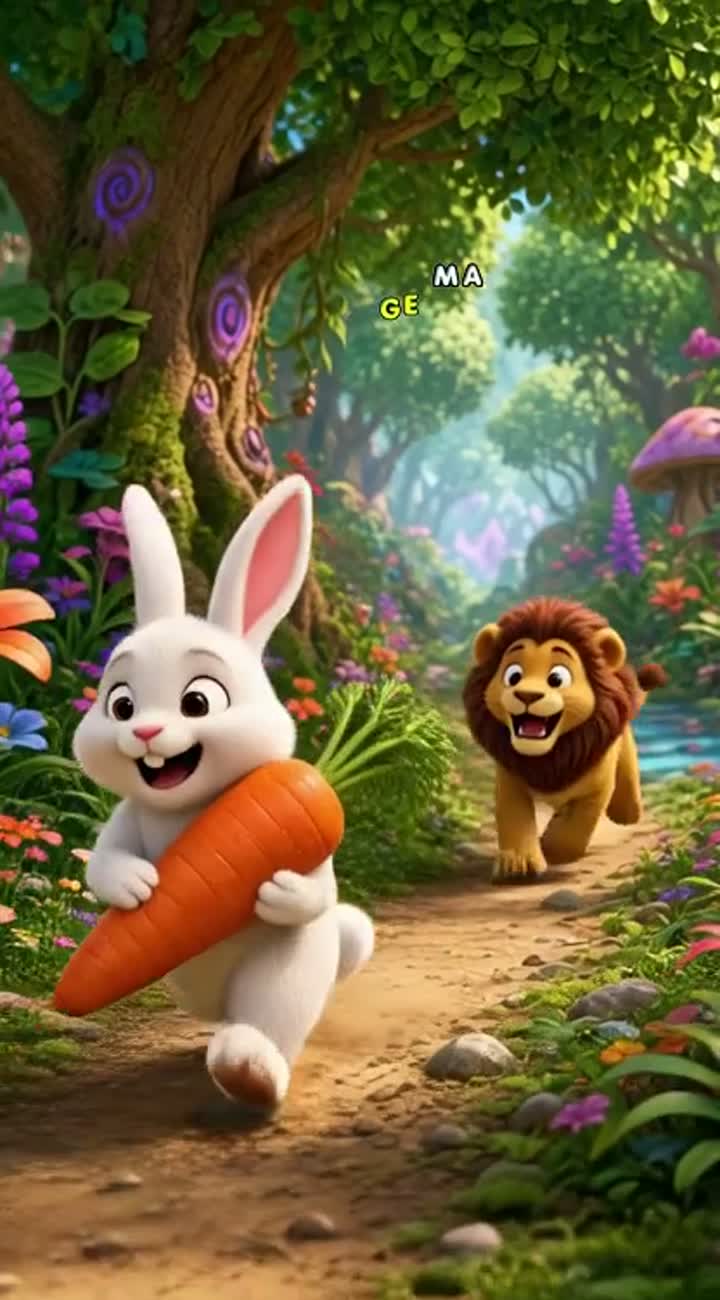 A funny little white rabbit steals a big orange carrot… — AI cartoon
