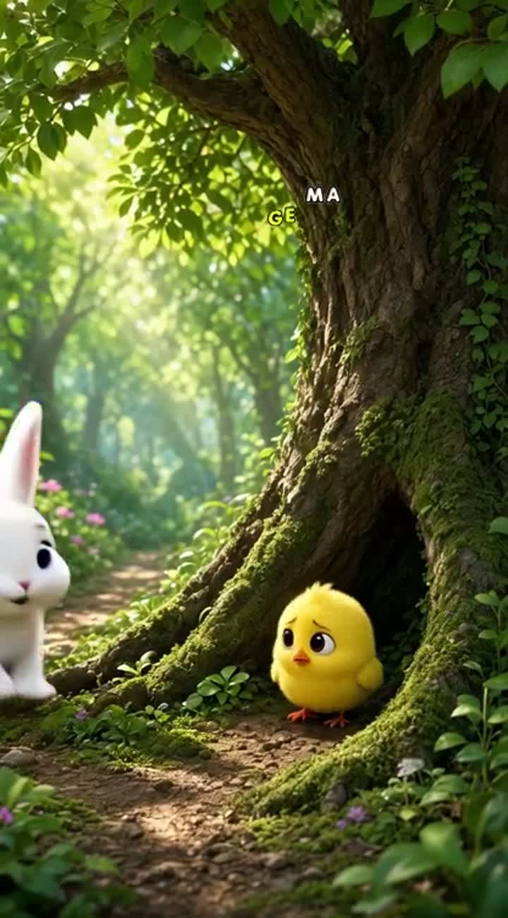 A cute fluffy white bunny with long ears discovers a tiny yellow… — AI cartoon