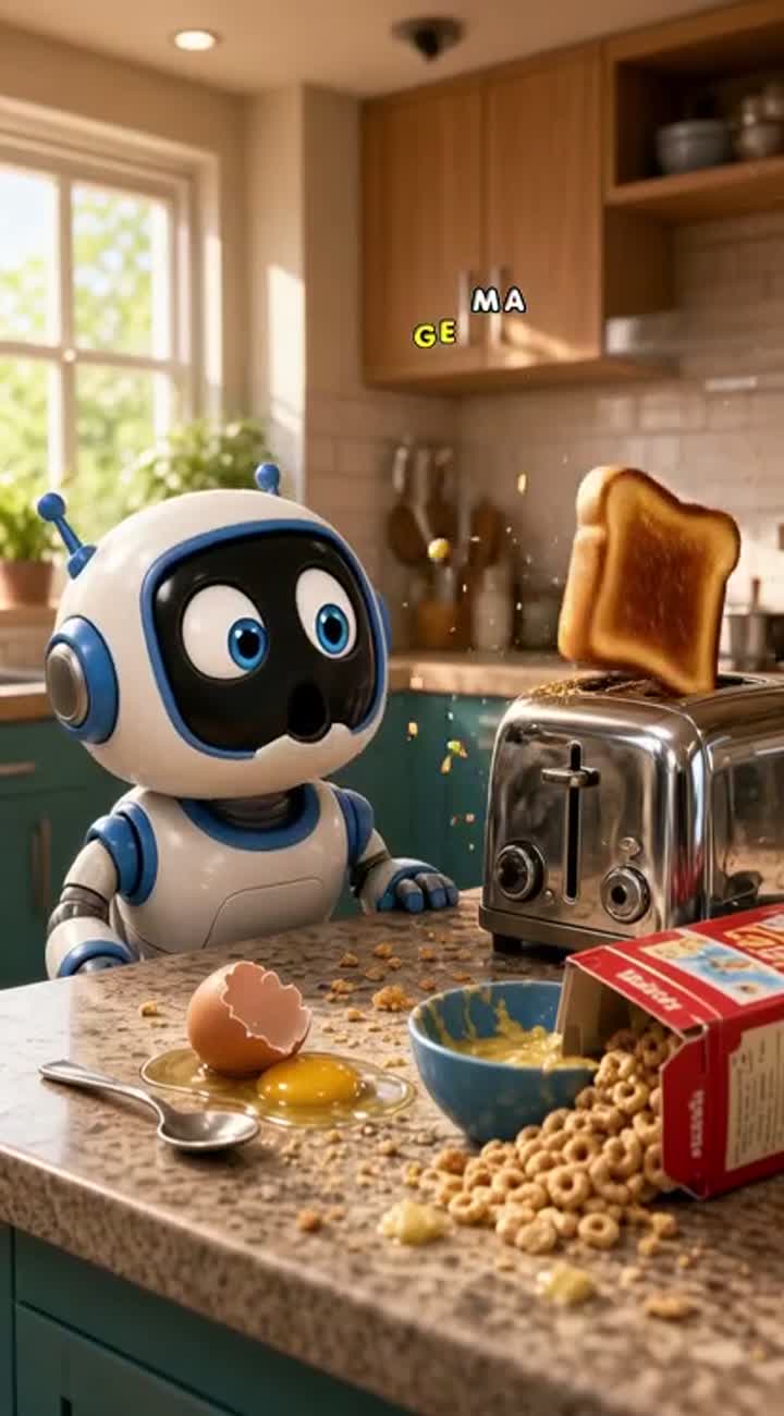 A small, clumsy robot tries to make breakfast in a modern kitchen… — AI cartoon
