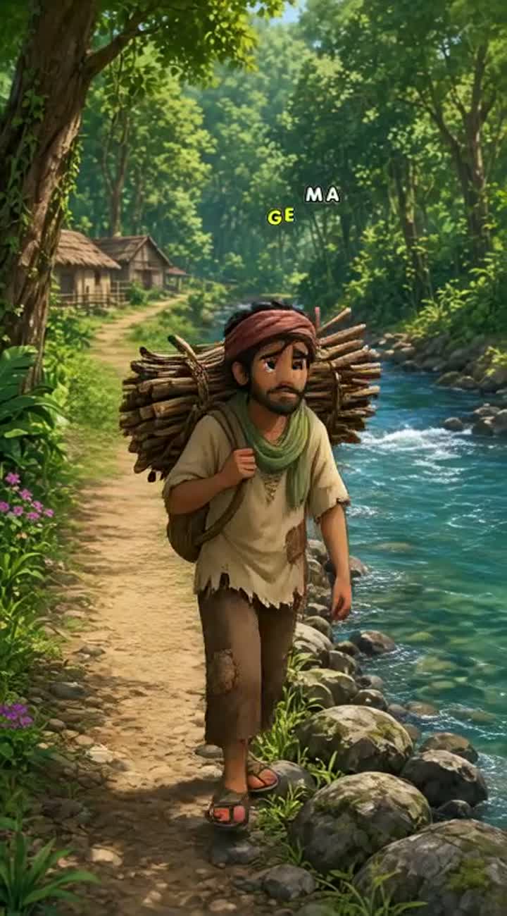 In a peaceful village beside a lush green forest and a flowing… — AI cartoon