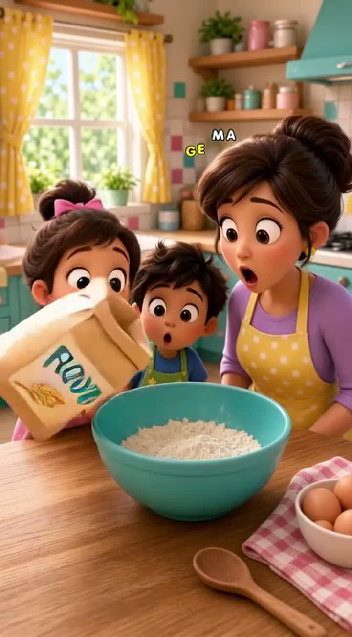A cute 3D animated cartoon of two little siblings baking a cake… — AI cartoon