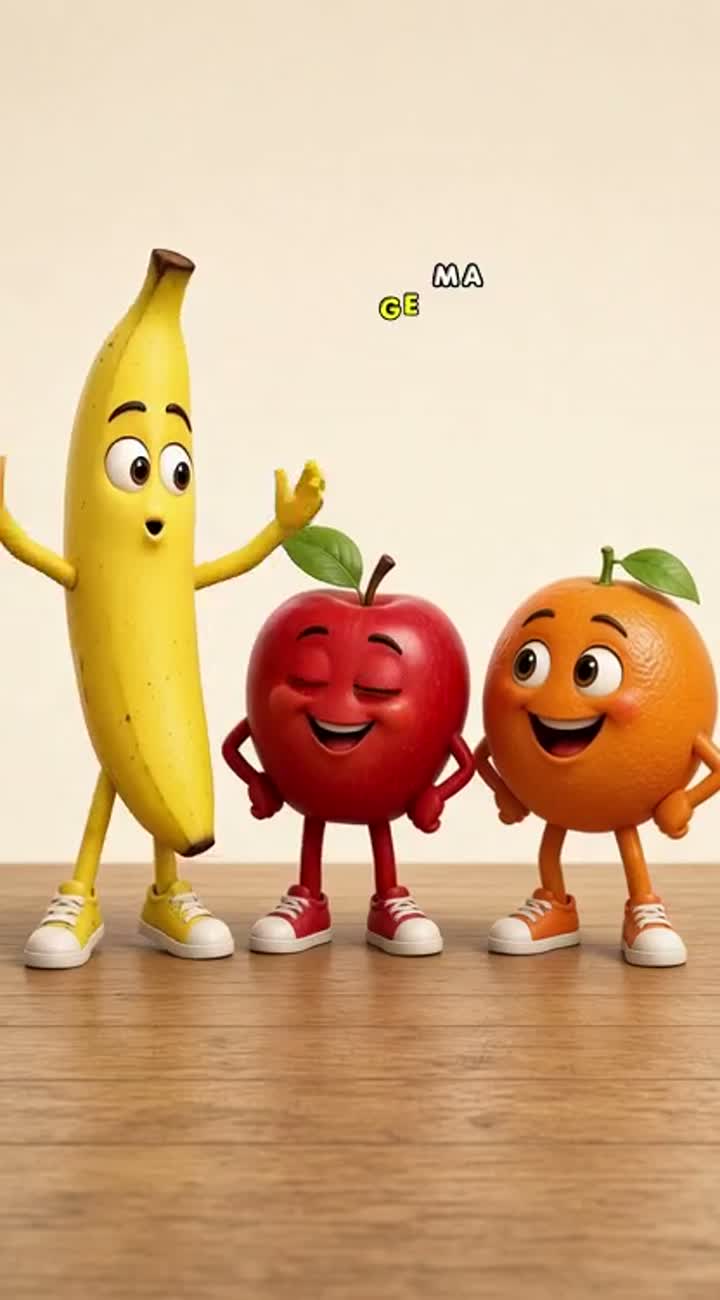 Cute banana, apple, and orange characters appear in a single… — AI cartoon