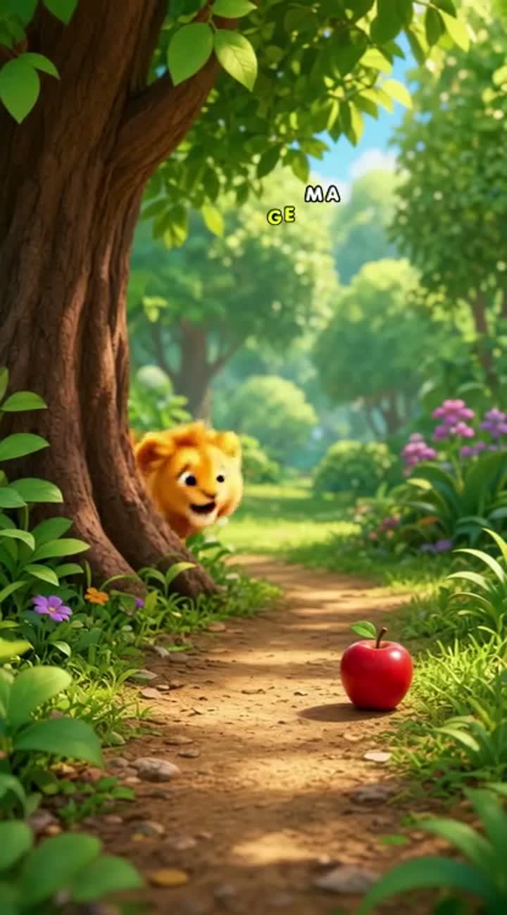 A cute baby lion jumps, runs toward a red apple… — AI cartoon