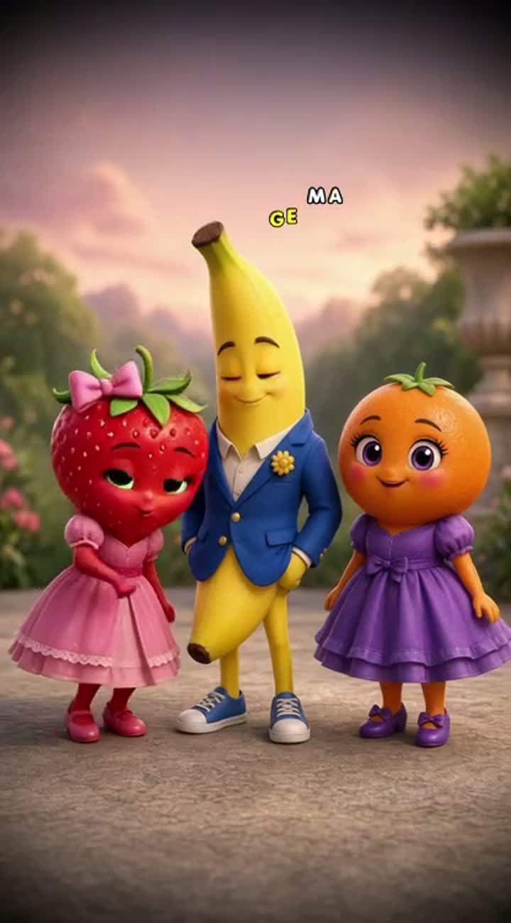 Three original, cute 3D cartoon fruit characters for a dramatic… — AI cartoon