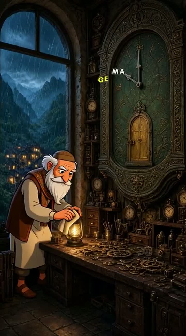 In an ancient village surrounded by majestic mountains and lush… — AI cartoon