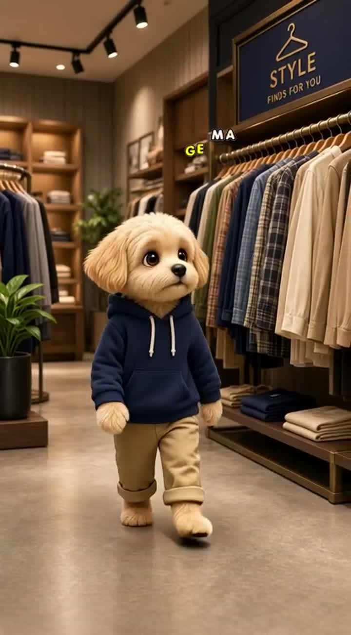 A cute fluffy little dog walks upright on two legs exactly like… — AI cartoon