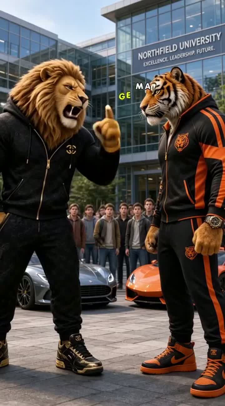 LION VS TIGER - COLLEGE CAMPUS FIGHT — AI cartoon