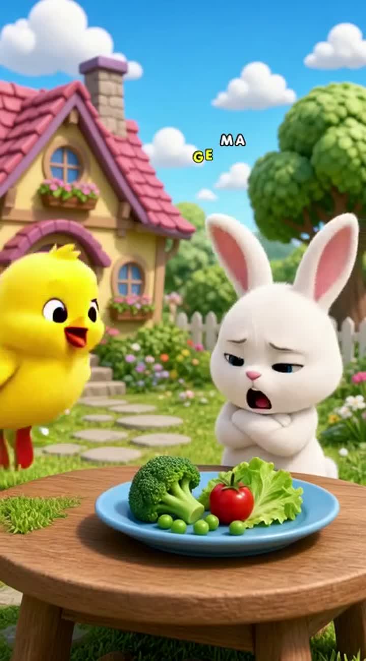 A cute little bunny refuses to eat vegetables — AI cartoon