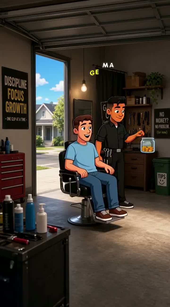 A story of a young barber starting in his garage cutting hair… — AI cartoon