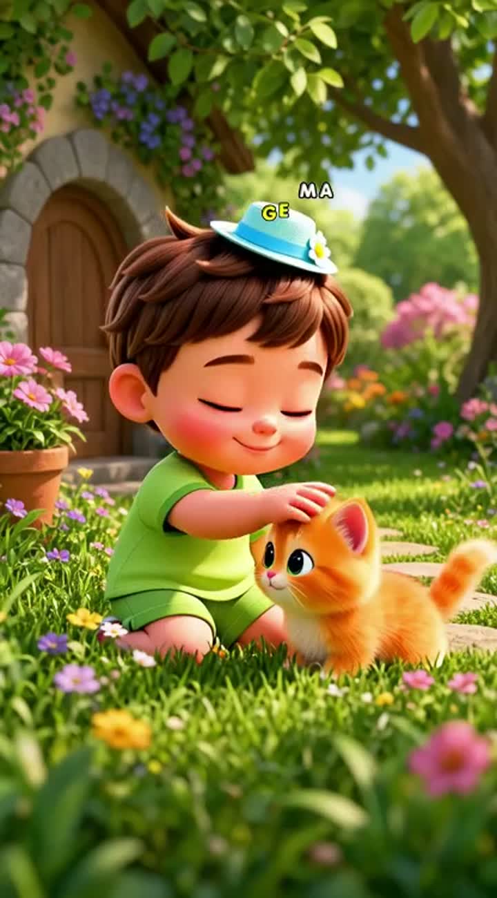 Cute 3D cartoon animation of a little child playing with a fluffy… — AI cartoon