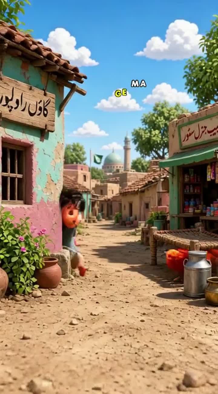3D animated comedy story in a colorful Pakistani village — AI cartoon