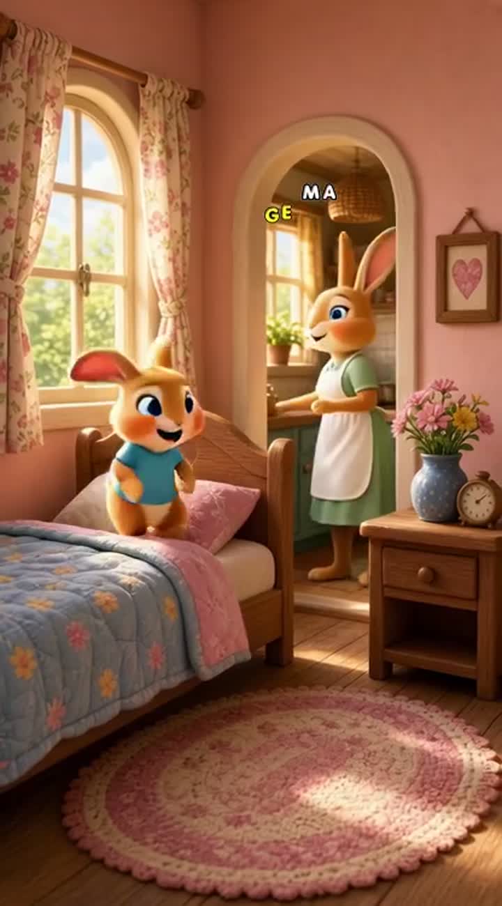In the morning, Arnoub, a cute rabbit, wakes up and goes… — AI cartoon