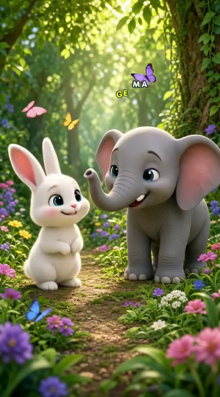 White rabbit and a friendly little elephant who meet… — AI cartoon