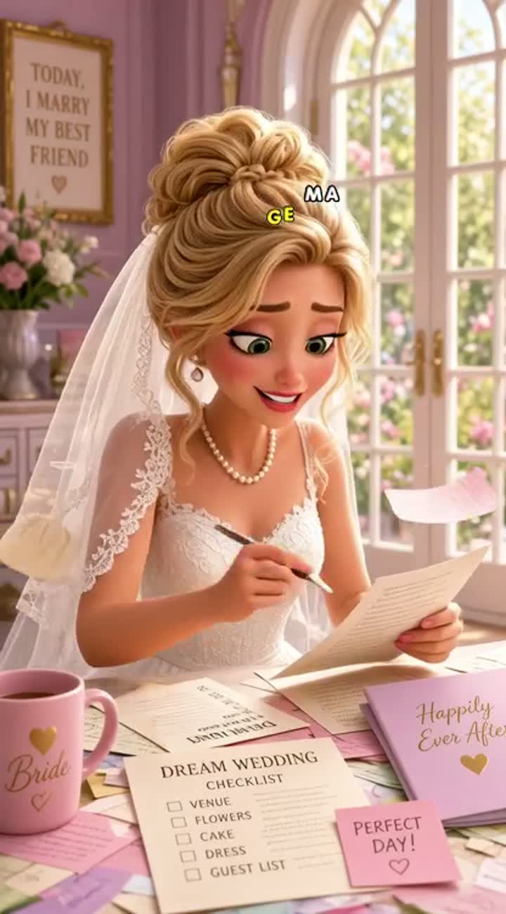 A funny 3D animated blonde bride planning her dream wedding… — AI cartoon