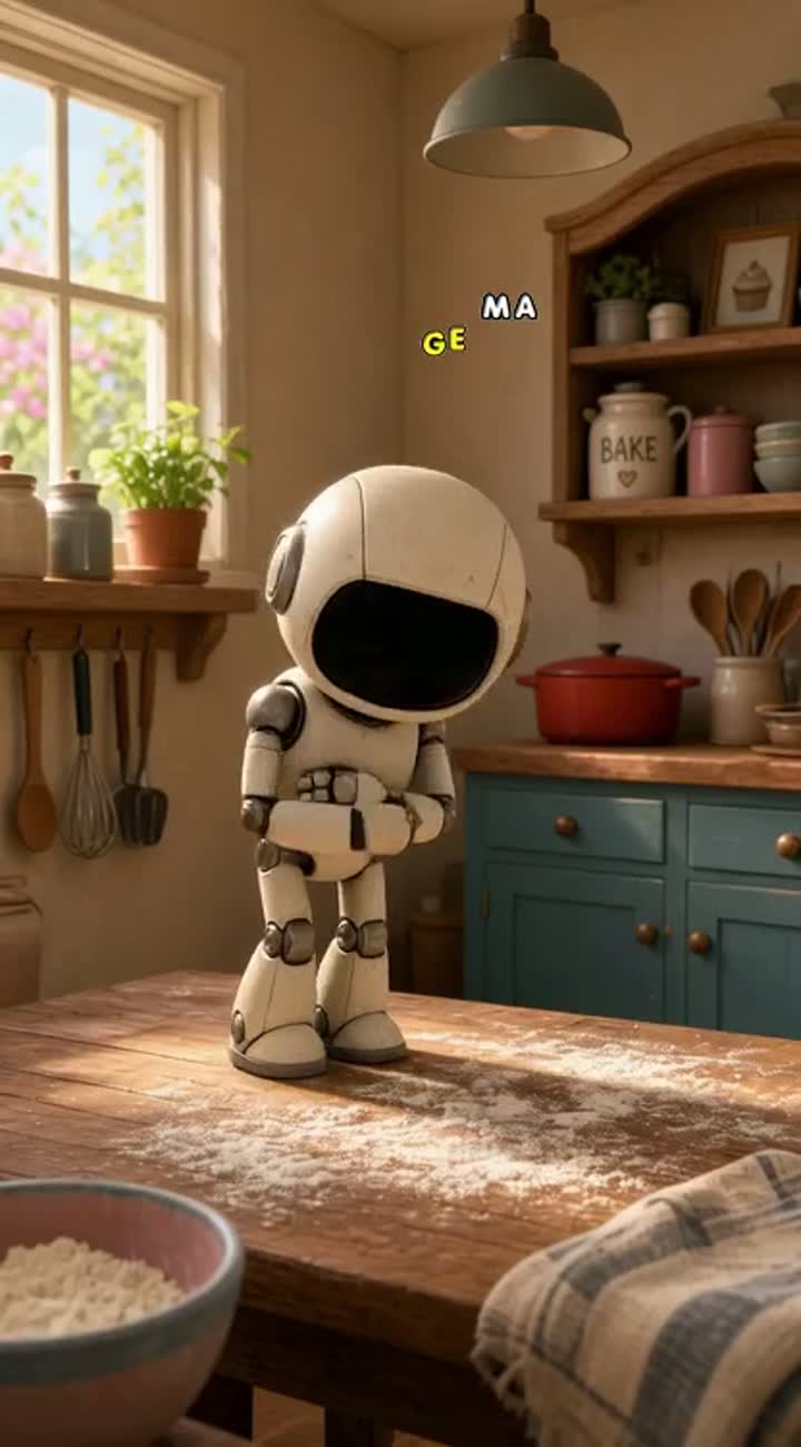 A shy robot learns to bake, Pixar style Animated cartoon… — AI cartoon