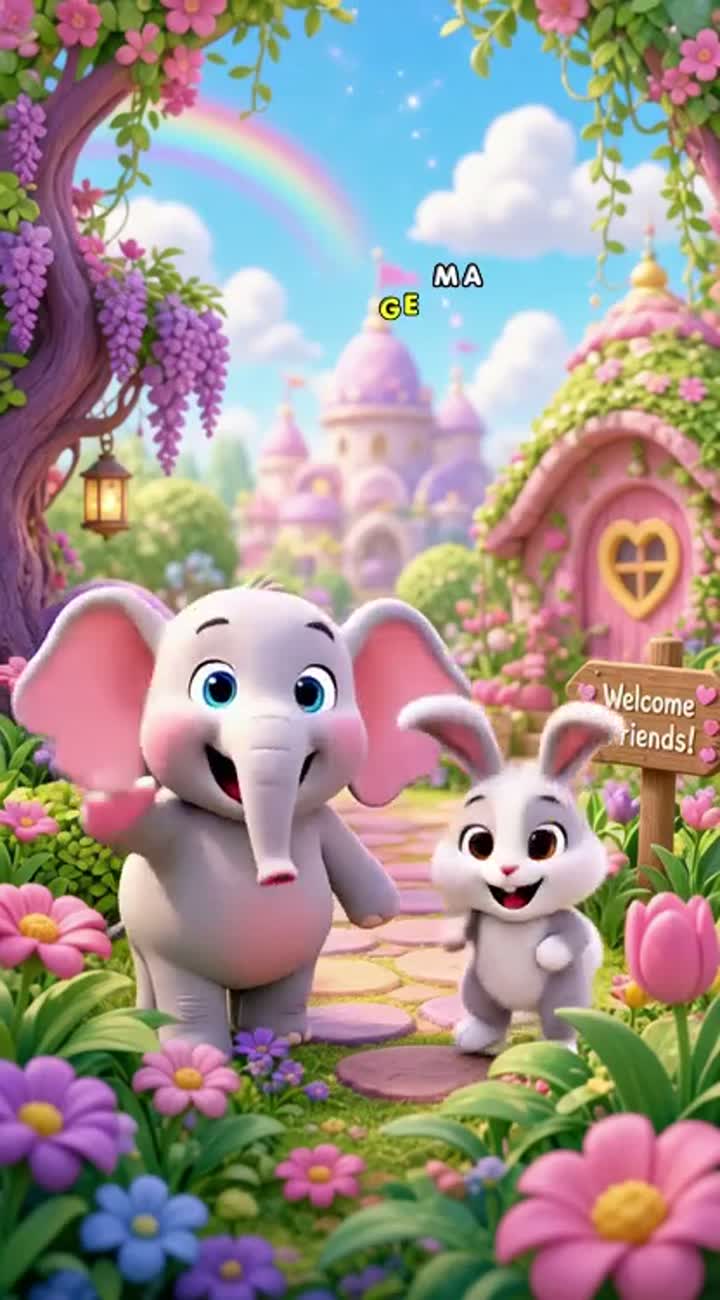 Scene 1: A cute baby elephant and a happy little bunny appear… — AI cartoon