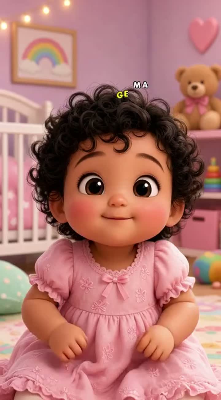 Cute 3D animated baby girl, around 1 year old, with chubby cheeks… — AI cartoon