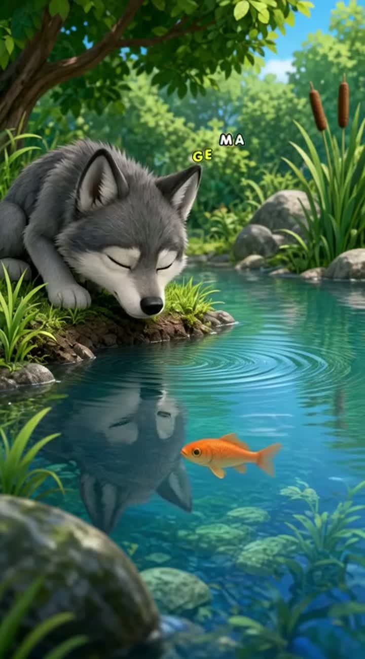 Baby wolf try to catch a fish in a small pond Animated cartoon… — AI cartoon