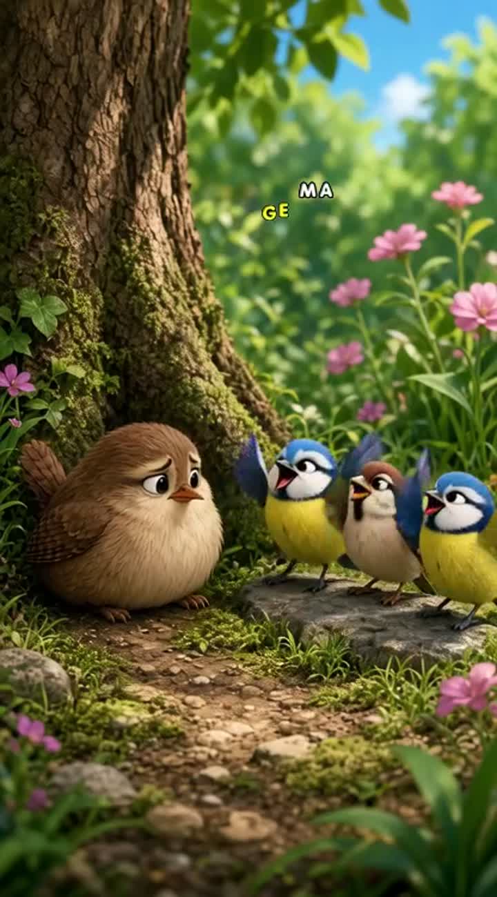 A fluffy female wren being made fun of for being big by blue tits… — AI cartoon