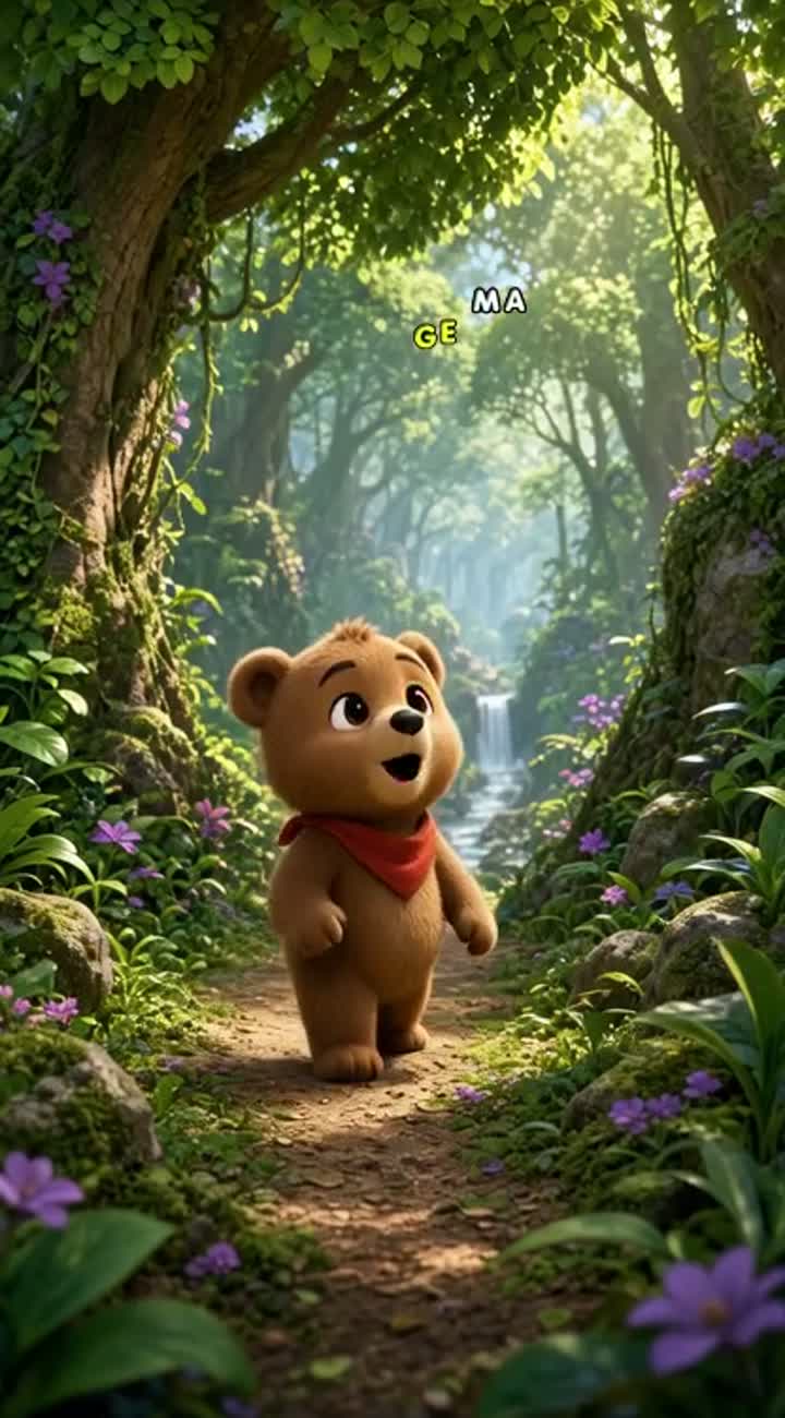 A cute little cartoon bear named Junny discovers a magical forest… — AI cartoon